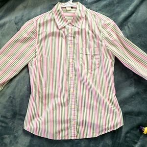 Pink and olive striped long sleeved button top